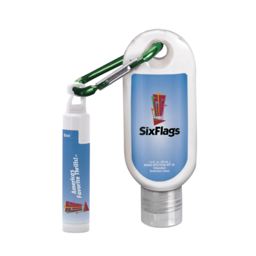 1.9 oz SPF 30 Sunscreen With Carabiner and SPF 15 Lip Balm in White Tube With Hook Cap